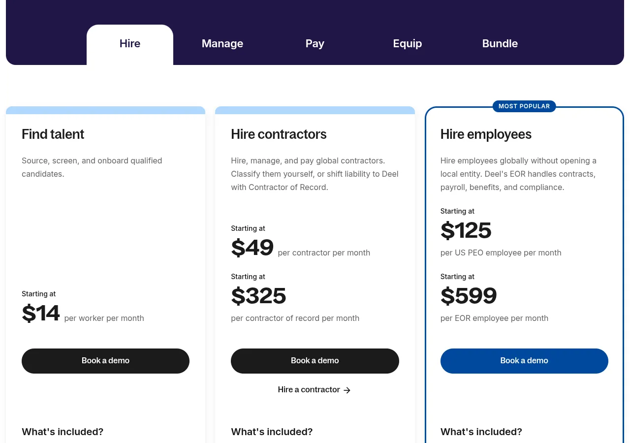 Deel pricing page, Hire tab: contractors from $49, Contractor of Record from $325, US PEO from $125 and EOR from $599 per month