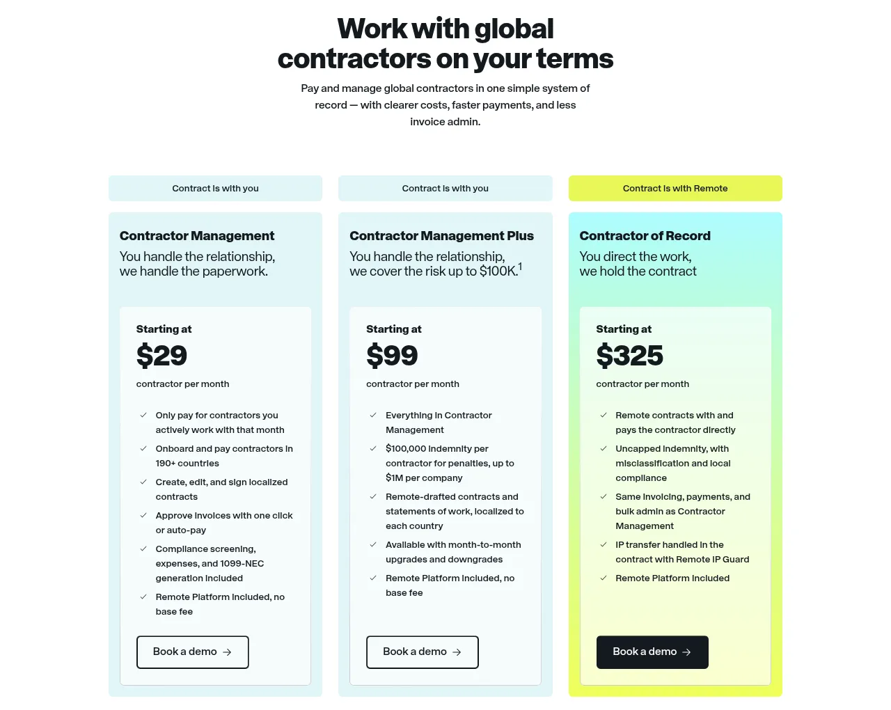 Remote contractor pricing: Contractor Management from $29, Contractor Management Plus from $99 and Contractor of Record from $325 per month