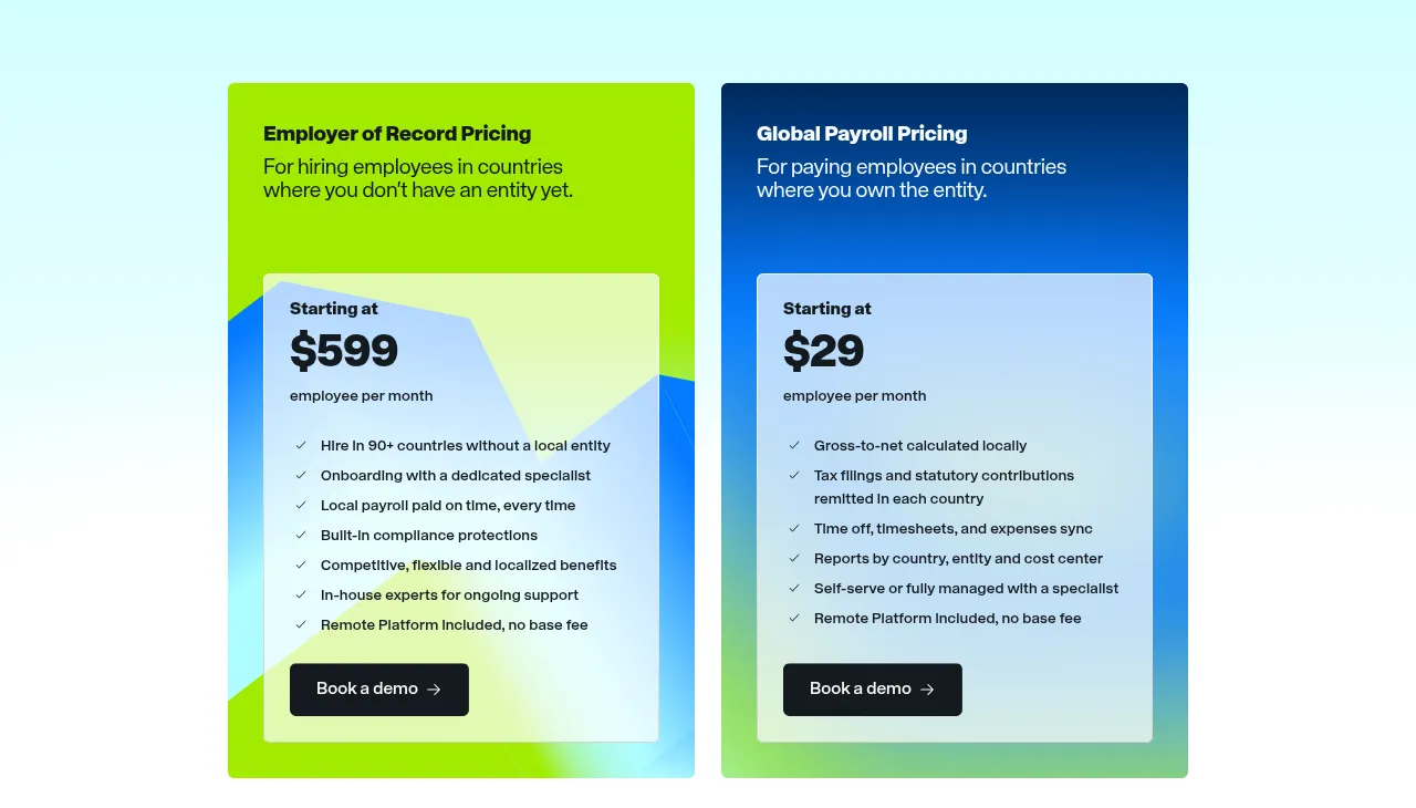 Remote pricing page: Employer of Record from $599 and Global Payroll from $29 per employee per month