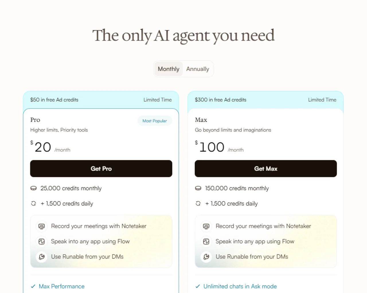Runable pricing page showing the Pro plan at $20 a month and the Max plan at $100 a month