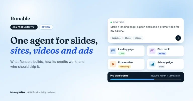 Runable review cover: a task card asking for a landing page, a pitch deck and a promo video, with output cards and a Pro plan credits bar