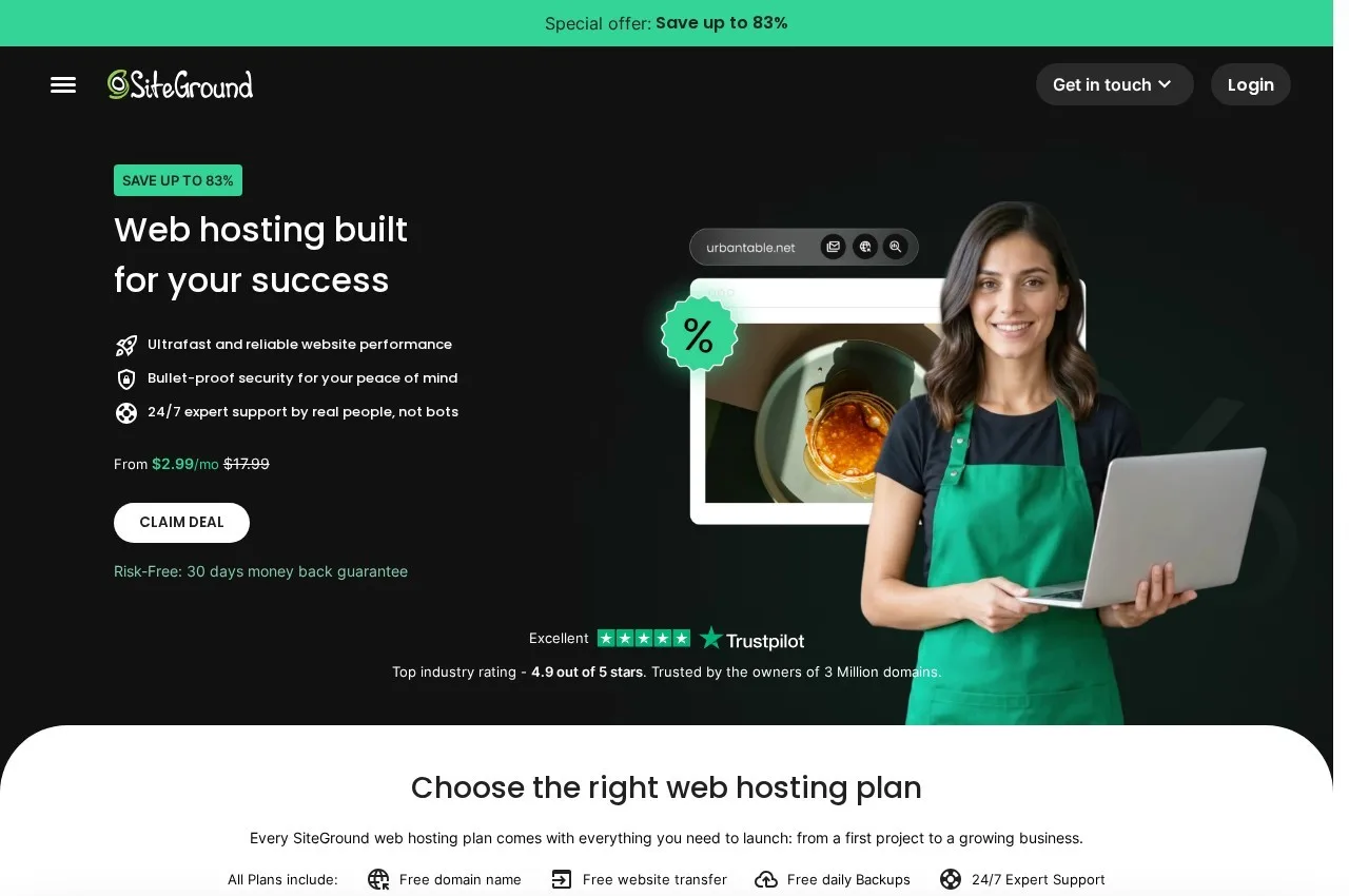 SiteGround pricing page showing its plans and prices, October 2026