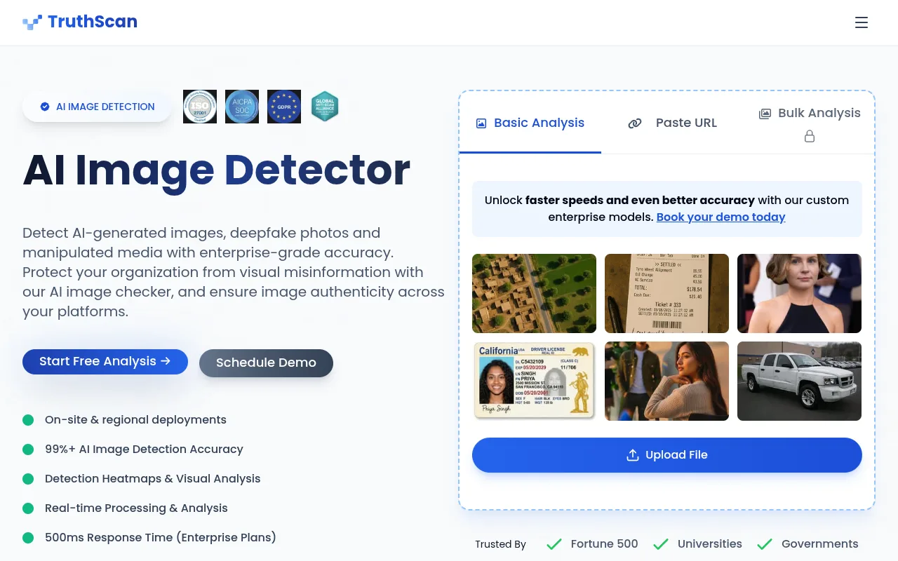 TruthScan AI Image Detector page with options to upload a file, paste a URL or run a bulk analysis
