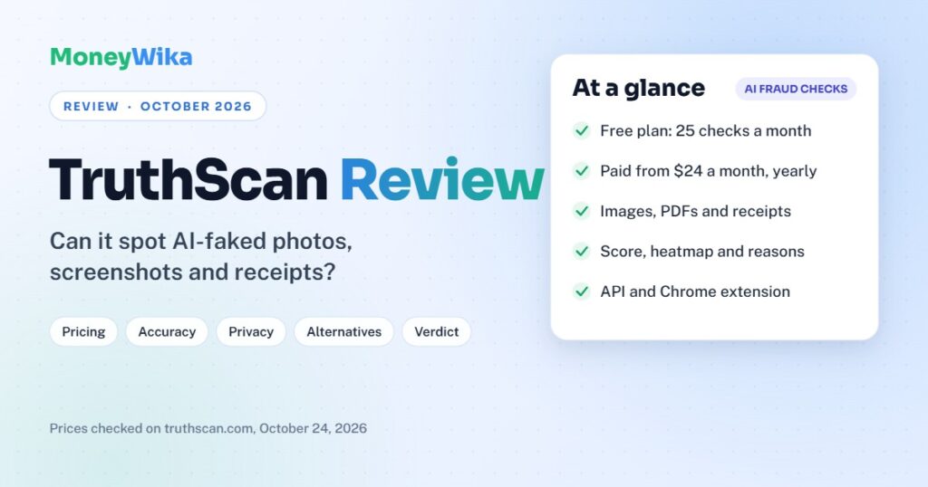 TruthScan review cover: at-a-glance card showing a free plan with 25 checks a month and paid plans from $24 a month billed yearly