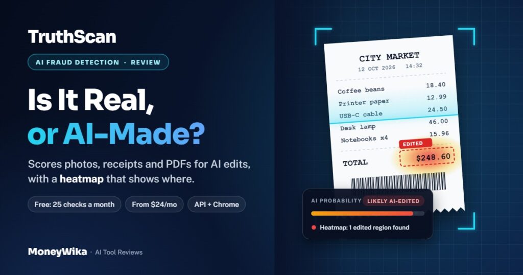TruthScan review cover: a receipt being scanned, with a heatmap and an edited tag over a total that does not match its items